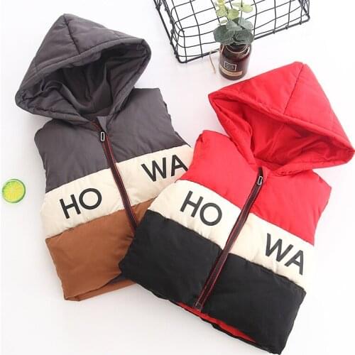 New Unisex Baby Vest Letter Print Hood Color Stitching Thicken Kids Waistcoat Baby Girl Winter Clothes Boys Jacket Child Vest