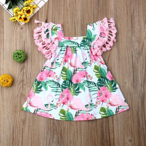Pudcoco Newborn Baby Girl Clothes Tassels Fly Sleeve Party Pageant Dress Flamingo Flower Print Casual Sundress