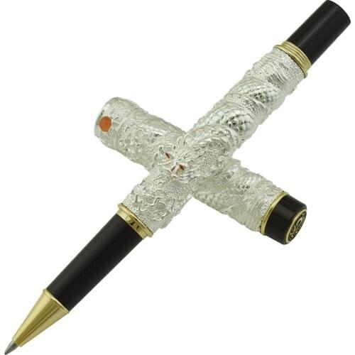Jinhao Vintage Luxurious Rollerball Pen Silver Small Double Dragon Playing Pearl, Metal Carving Embossing Heavy Collection Pen