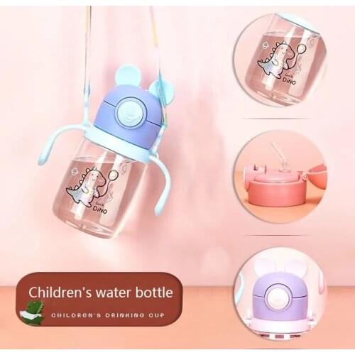 Cute Baby Water Bottle Child Kid School Drinking Water Bottle Cartoon Plastic Straw Cup Free Portable Handle And Shoulder Strap