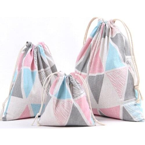Drawstring Tote Organizer Bag Sundries Rope Pouch Printed Fabric Cotton Travel Storage Bag For Socks Underwear Toy Storage Bags