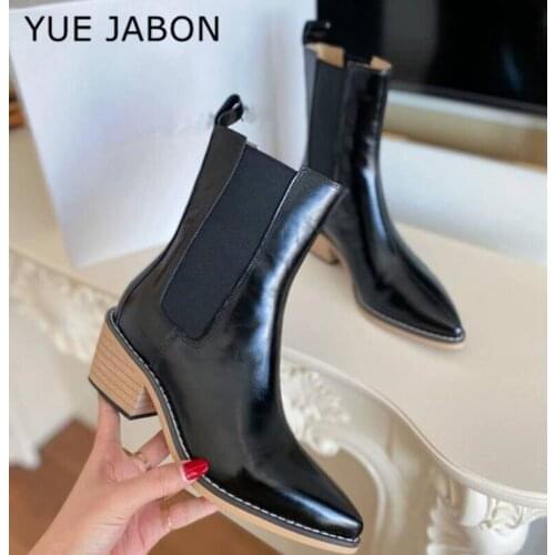 Women Short Boots Fashion Genuine Leather Square Heel Winter Shoe Woman Warm Elastic Casual Lady Footwear Point Toe Footwear