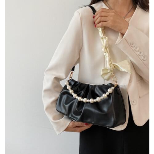 PU Leather Women Shoulder Bags Pearl Chain Strap Solid Color Ladies Underarm Bag Retro Design Female Tote Pouch Purse Handbags
