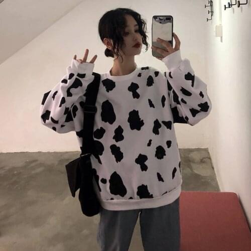 Cute Autumn Cow Milk Printed Girls Pullover Women sweatshirt Female Fashion Loose hoodie sweatshirts O-neck Hoodie Females