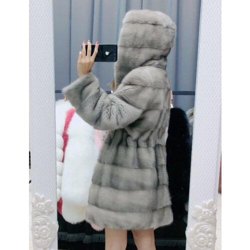 Women natural real mink fur coat 2019 female medium long hooded fur overcoat autumn and winter outerwear