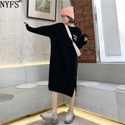 NYFS 2021 Korean New Autumn Winter Loose Letter Printed slit Woman Dress Vestidos Robe femme Fashion Elbise Hoodie Dress