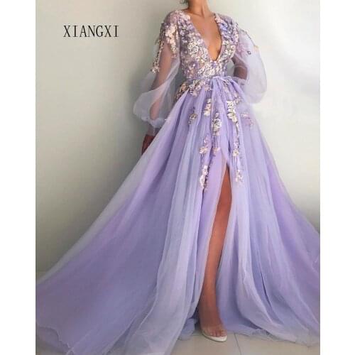 Beautiful Lilac Evening Dress Deep V-Neck Full Sleeves Tulle A-Line Long Evening Dresses Prom Party Gowns Vestido De Festa Longo