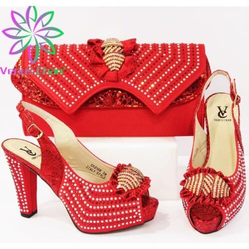 2021 Italian Design Nigerian Newest Fashion Butterfly-kont Shape Crystal Style Ladies Shoes and Bag Set in Red Color for Party