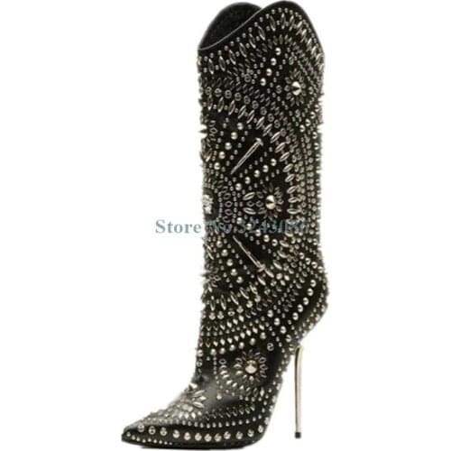 Ravryy Black White Rivet Totem Metal Stiletto Heel Boots Pointed Toe Leather Mid Calf Boots Fashion Crystal Women Short Boots