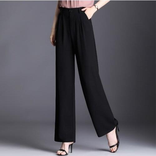 Summer Black Pants Women Korean Style Solid Color Chiffon Straight Pants Ladies Vintage High Waist Casual Loose Long Trousers