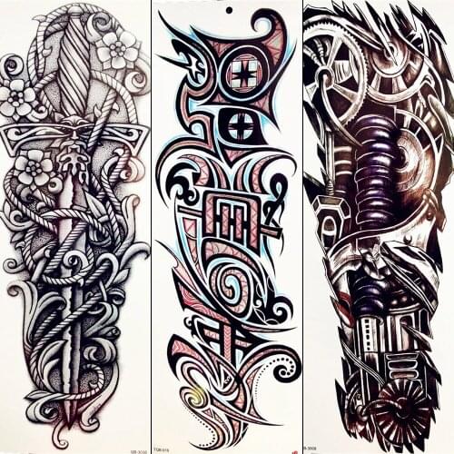 Black Totem Sexy Tattoo Stickers Cool Rope Wheel Adhesive Tattoo Mechanical Arm Men Boy Full Leg Temporary Tattoo Gear Swords