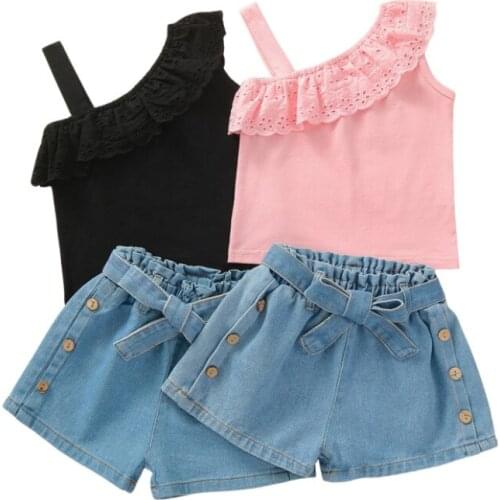 2Pcs Kids Summer Tracksuit, Girls Lace Flounce Sleeveless Vest + Elastic Waist Denim Shorts, 18 Months to 6 Years