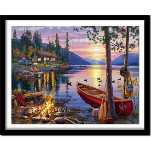 DIY Diamond Painting Cross Stitch Landscape Diamond Embroidery Sunset Pasted Boat Patterns Decoration Home