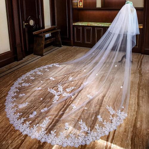 Tanpell Ivory Sequins Appliques Cathedral Wedding Veil Long Appliques Edge Bridal Veil with Comb Wedding Veil 2020