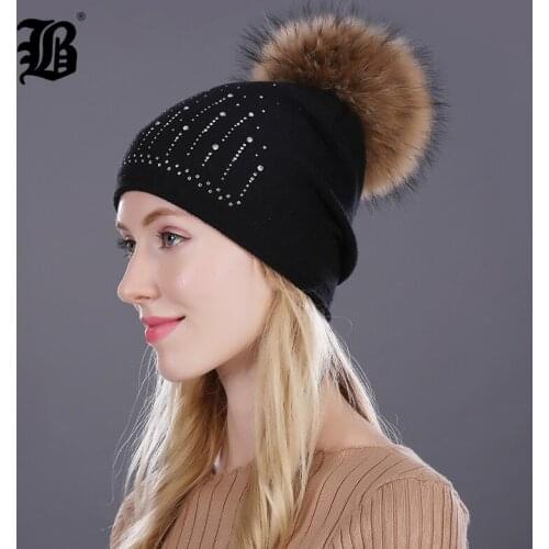 [FLB] Winter Hat For Women Rabbit Fur Wool Knitted Hat Beanies Real Mink Fur Pom Poms Rhinestone Skullies Hat Girls Hat caps