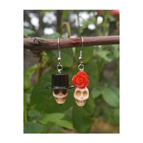 Gothic Skull with Red Rose Dangle Earrings,Day of The Dead Earring,Funny Skull,Halloween Earring - Goth Earrings -Gift for Her