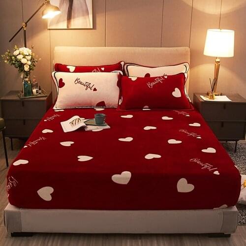 Winter Warm Fitted Sheets Red Flower Cartoon Dust Cover Flannel Mattress Cover Thicken Bed Sheet Luxury Adult Home Textiles