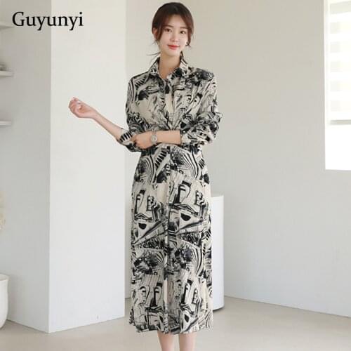 Korean Shirt Dress 2021 Spring Turn-Down Collar Mid-Calf Fashion Abstract Pattern Printing International Casual Street Dress