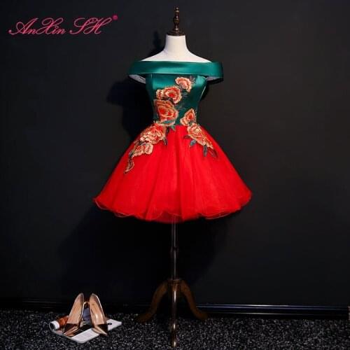 AnXin SH princess green satin red lace embroidery flower boat neck lace up short evening dress bride little red dress