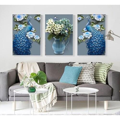 New Chinese Style Fashion Blue Peacock Vase Poster Picture Room Restaurant Background Wall Home Decoration Painting Canvas Art