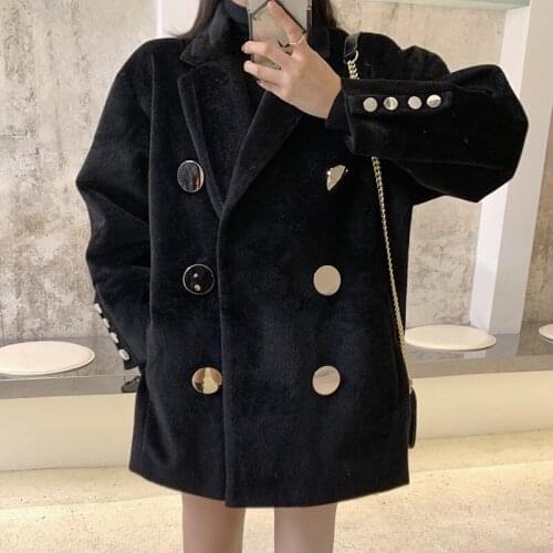 VOOCIEC 2020 New Women faux Woolen coat Warm Long Sleeve Turn-down Collar Outwear Jacket Ladies Autumn Winter Elegant Overcoat
