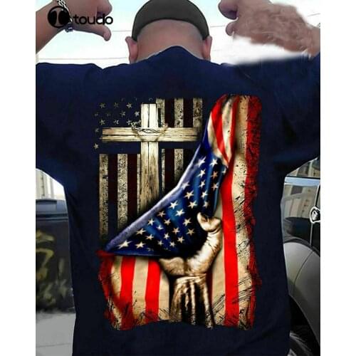 Christian Cross American Flag Patriotic Men T-Shirt Cotton HOT