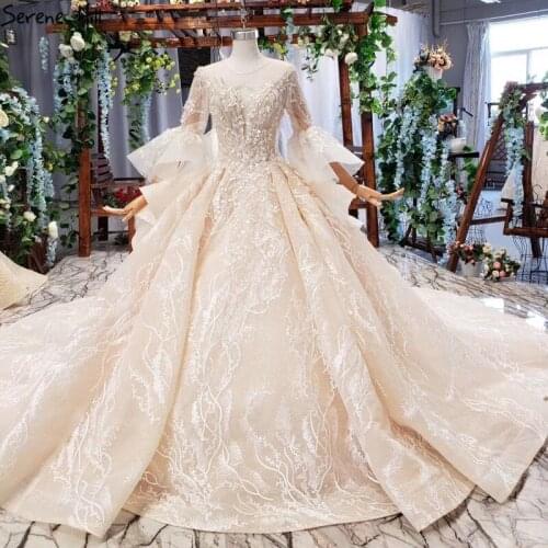 Champagne Flare Long Sleeves Sexy Plus Size Wedding Dresses 2020 Dubai Flowers Sequins Luxury Bridal Dress BHX0131 Couture Dress