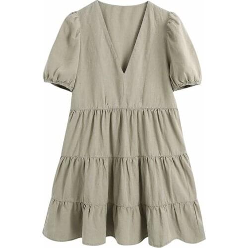 Evfer Casual Lady V-Neck Short Puff Sleeve Za Summer Green Mini Dresses Women Elegant Patchwork Pleated High Waist Linen Dress
