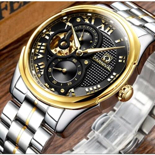 Luxury Carnival watch men skeleton sapphire Gold stainless steel waterproof Automatic machine black watch relogio masculine