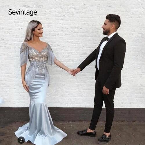Sevintage Mermaid Lace Appliques V Neck Long Prom Dress robe de soiree longue Tassel Sleeves Satin Formal Evening Gown ballkleid