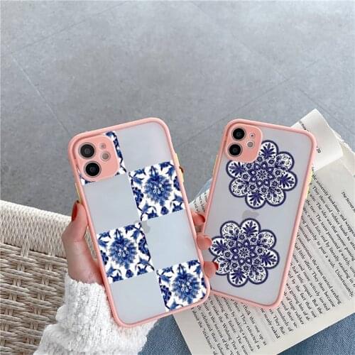 Blue and white porcelain Phone Case For iPhone 12 11 Mini Pro XR XS Max 7 8 Plus X Matte transparent Pink Back Cover