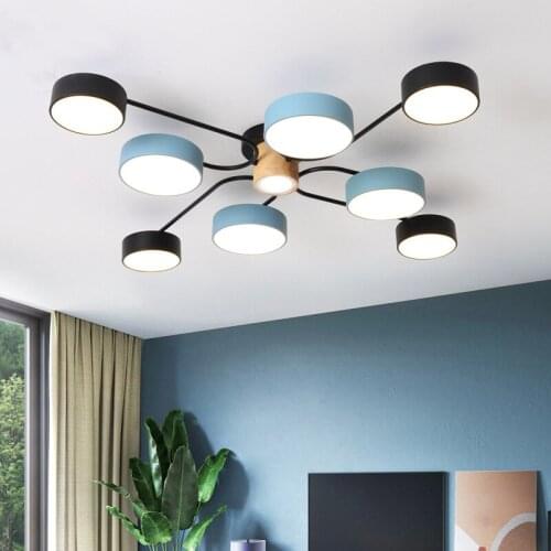 LED ceiling lamp modern Nordic minimalist 220V lamp black and blue wrought iron paint lampshade wooden round bedroom living room