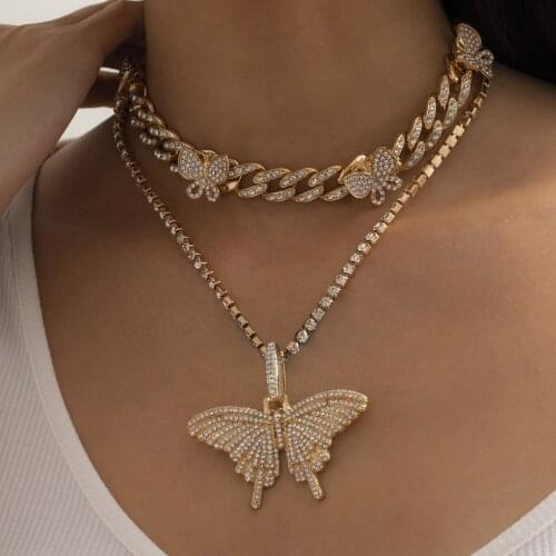 Vintage Punk Hip Hop Butterfly Cuban Crystal Necklace for Women Fashion Metal Chain Necklace 2021 Female Simple Pendant Necklace