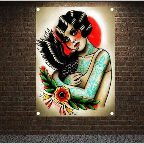 Crow Flapper Tattoo Art Print Posters Banners Wall Chart Senior Art Waterproof Cloth Tapestry Flag Home Decoration Upholstery