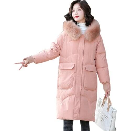 2021 New Thick Big Fur Collar Down Padded Cotton Jacket Women Parkas Pocket Long Over Knee Slim Hooded White Coat Winter Jackets