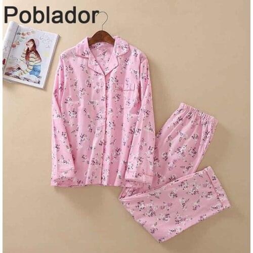 2021 Women Pajama Cotton Long Sleeves +Trousers Pink Floral Sleepwear Turn-Down Collar S-L Size Autum Home Suit Pajams for Woman