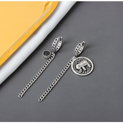 LIVVY Thai Silver Color Round Elephant Tassel Asymmetric Earrings for Women Vintage Trendy Jewelry Party Accessories