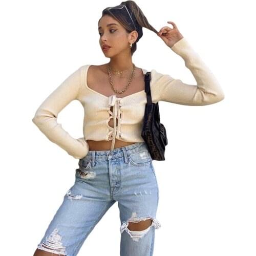 Ribbed Bandage Hollow Out Women Knit Crop Top Long Sleeve Sexy Streetwear Autumn Clothes Party Club