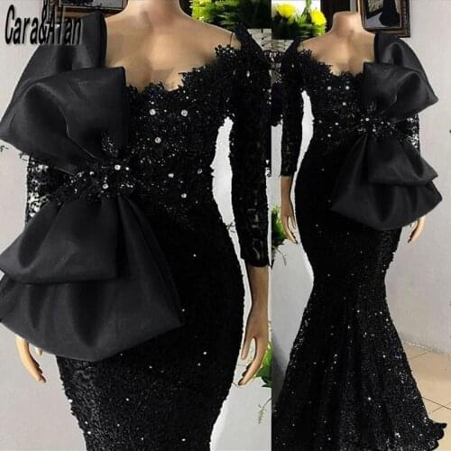 Cara&Alan Long Sleeve Mermaid Prom Dress 2021 Beading Lace Formal Black Evening Dress with Bow Celebrity Sukienki Party Gowns