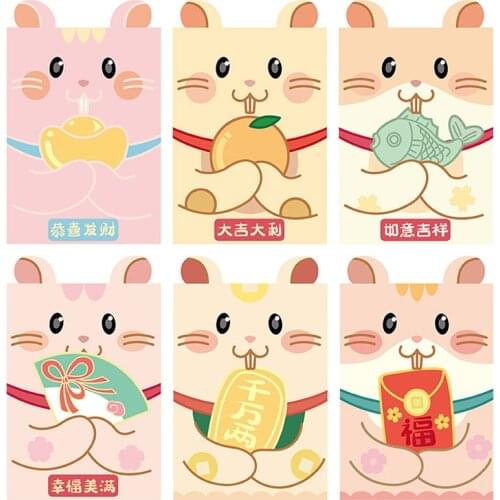 6Pcs/Pack Kawaii 2020 Chinese Fortune Rat Year Red Envelope Children New Year Red Pocket