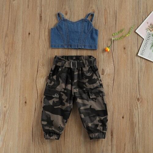 2021 Summer New Children Girl Outfits Casual Button Down Denim Crop Tank Tops + Camouflage Pants 2Pcs Set