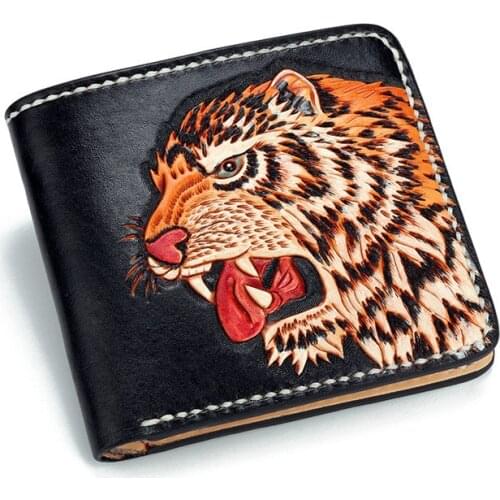 Handmade Short Carving Tiger Wallets Purses Women Men Clutch Vegetable Tanned Leather Wallet Card Holder Cartera Hombre