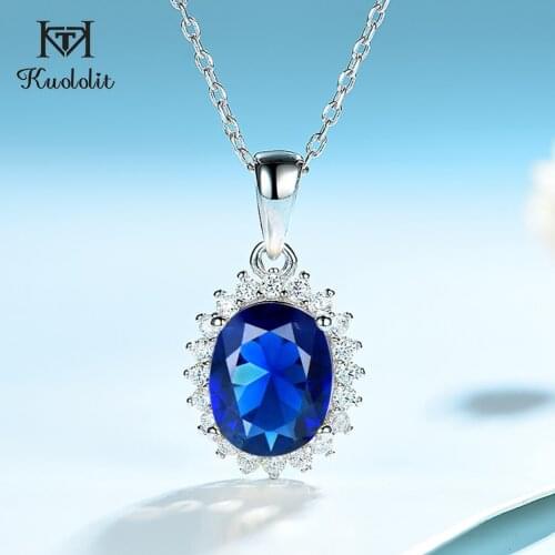 Kuololit Solid 925 Sterling Silver Friendship Pendants Necklaces For Women Blue Sapphire Gemstone Princess Diana Wedding Jewelry