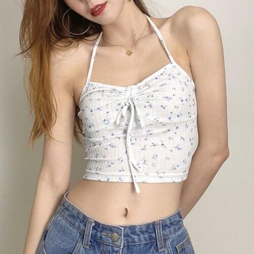 Cute Sweet Floral Y2k Crop Top Women String Halter Ruched Camis Top Kawaii Clothes Sexy Sleeveless Backless Tops Mujer 2021