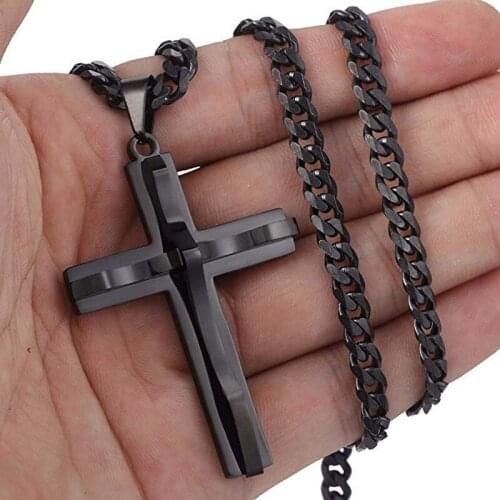 Fashion Stainless Steel Mens Cross Pendant Necklace Faith Jewelry Motorcycle Party Steampunk Gold Necklace Men Jewelry