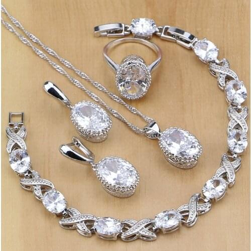 Natural 925 Sterling Silver Jewelry White CZ Jewelry Sets For Women Earrings Pendant Necklace Rings Bracelet Free Gifts Box