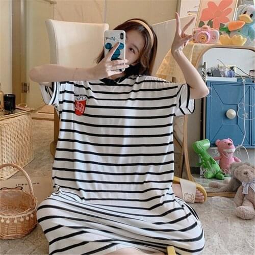 Nightdress female summer cotton short-sleeved loose large size nightgown sweet simple new striped dress for women bathrobe