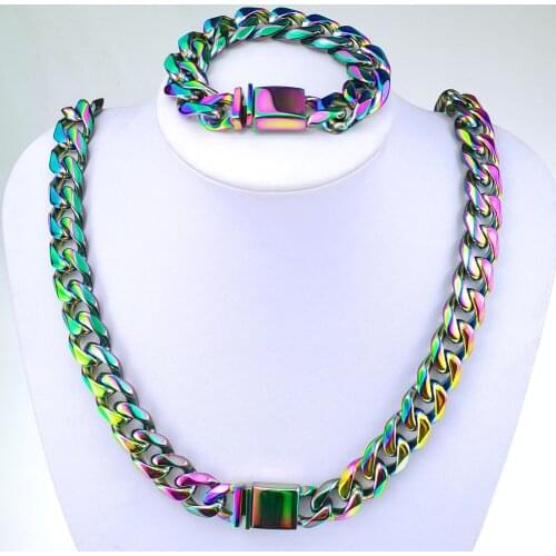 Wholesale Drop Shipping Rainbow color Stainless Steel Miami Curb Chain Set Bracelet Necklace jewelry for men women boy girls