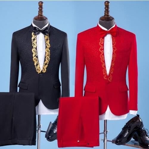 Singer star style stage clothing for men embroidery suit set with pants 2020 mens wedding suits groom formal dress tie black red