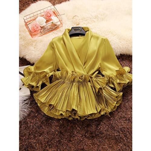 Spring and Summer New Female Deep V-neck Ruffles Lace Up Stain Shirt Womens Three Quarter Sleeve Shirts Women Blouses